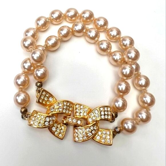 KENNETH J LANE PEARLS AND RHINESTONES DOUBLE ROW BRACELET!!!  BEAUTIFUL!!! - Picture 1 of 7